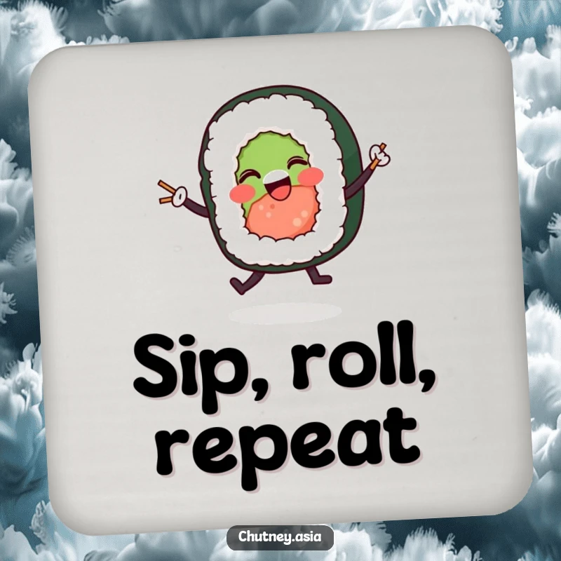Funny sushi roll dancing drink coaster with a cheerful character waltzing with tiny chopsticks, protecting surfaces with humor.