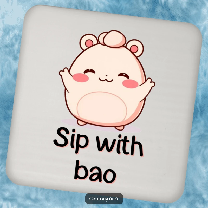 Funny bao bun coasters showcasing a blushing, kawaii bao bun with tiny arms waving enthusiastically, perfect for surface protection.