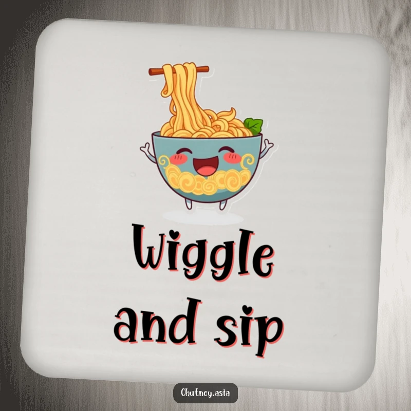 Funny ramen coasters showcasing a cheerful, anthropomorphic bowl of ramen noodles wiggling excitedly, perfect for surface protection.