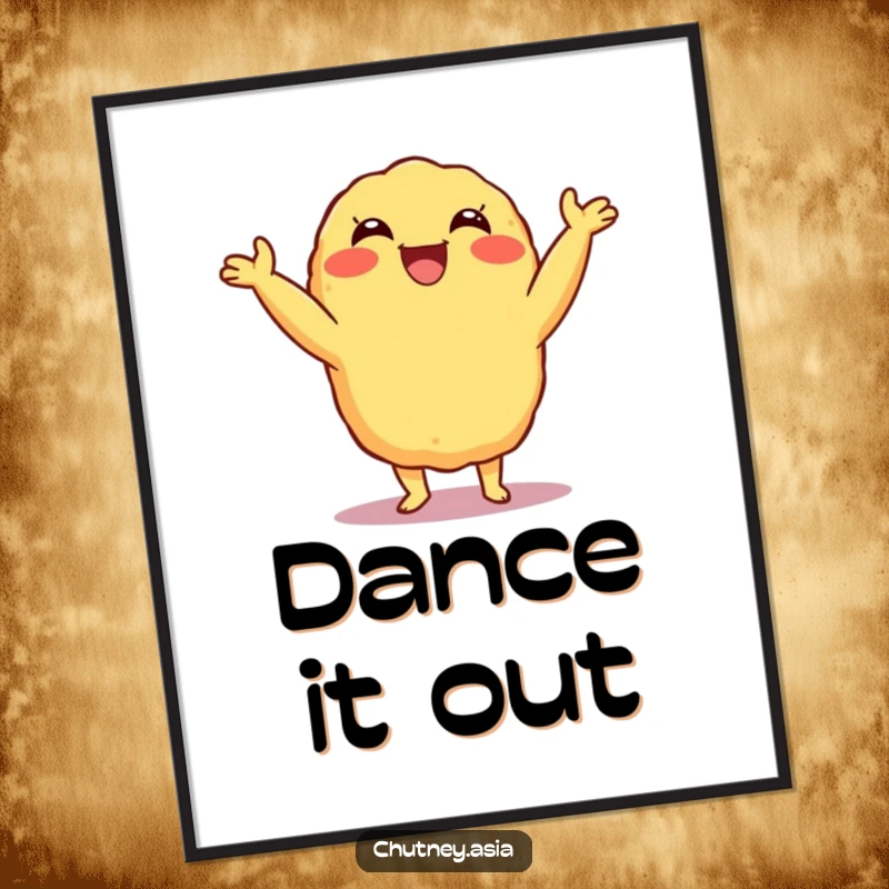 Funny Tempura Shimmy Poster depicting a delighted, grinning tempura character caught mid-shimmy, bringing lively humor and visual delight to any room, a great gift.