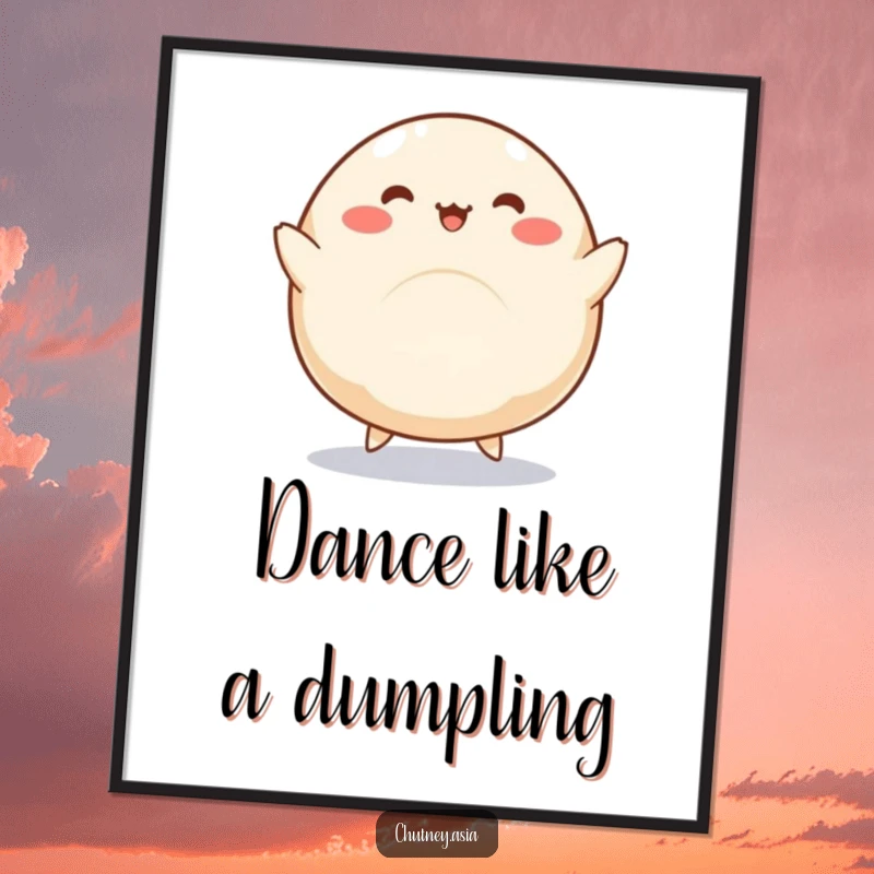 Funny dumpling poster featuring a round, kawaii dumpling with little legs doing a silly dance, adding charm to walls.