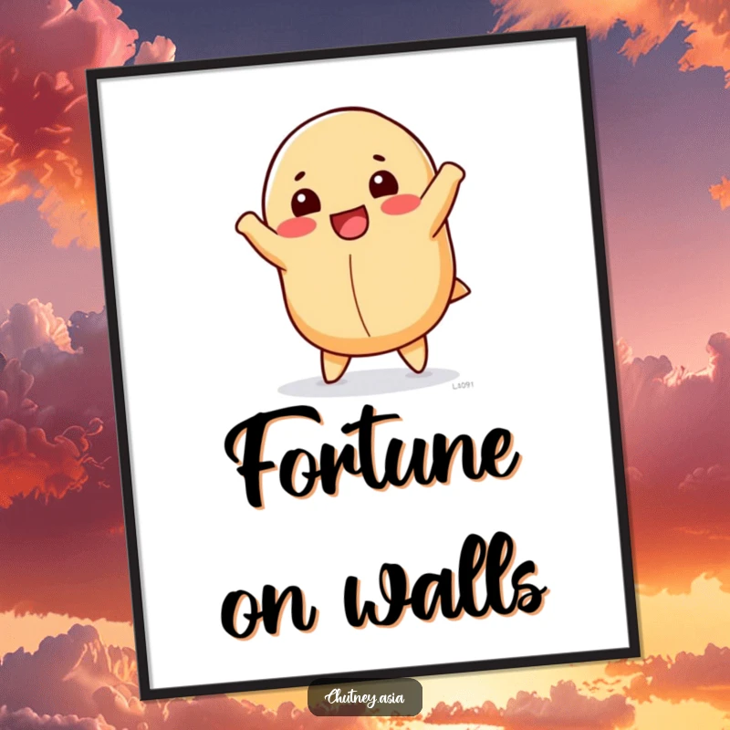 Funny fortune cookie poster depicting a happy, anthropomorphic fortune cookie doing a cartwheel, adding joy to walls.