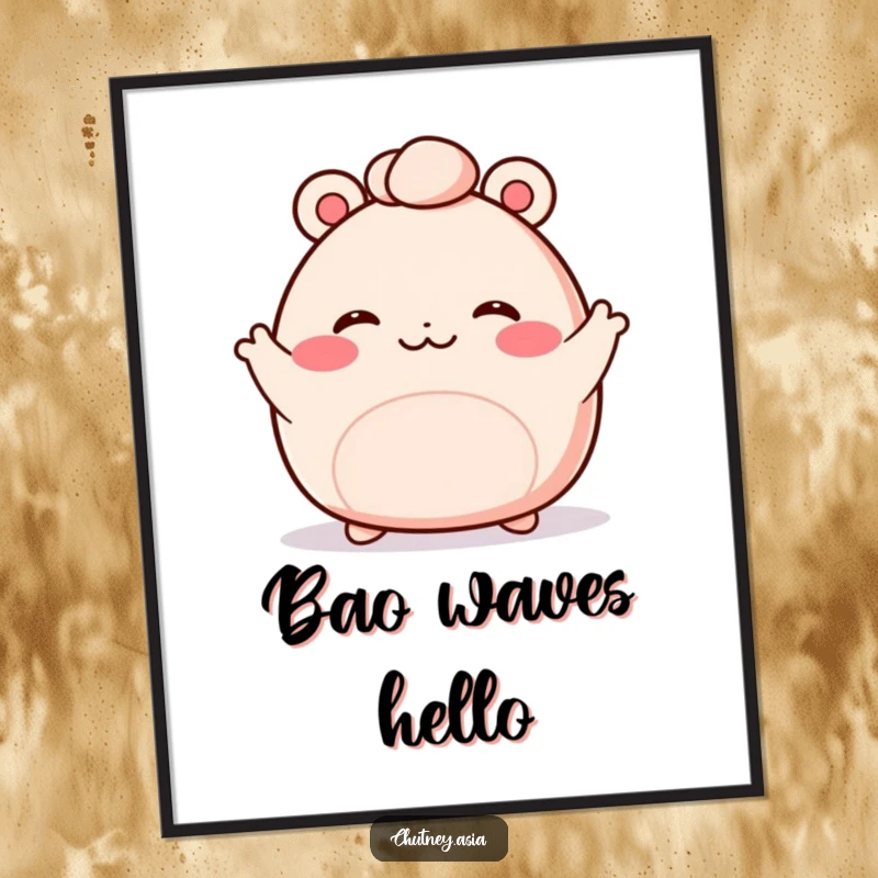 Funny bao bun poster depicting a blushing, kawaii bao bun with tiny arms waving enthusiastically, adding cuteness to walls.