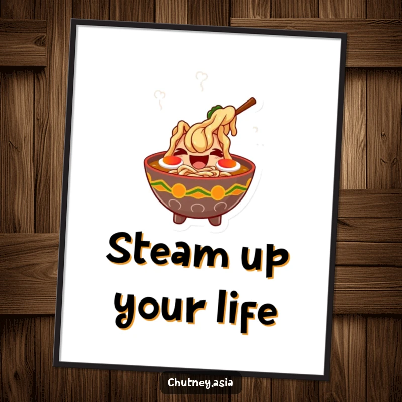 Funny ramen laugh poster depicting a giggling bowl of ramen with dancing steam, bringing whimsical food humor to any room.