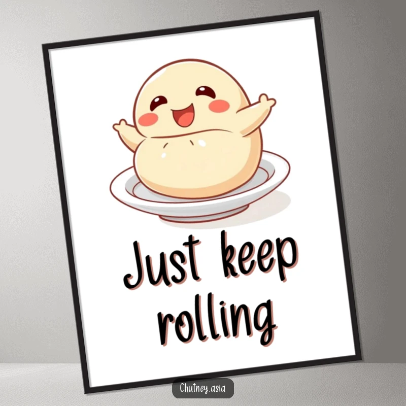 Funny dumpling roll poster depicting a delighted dumpling character in a playful tumble, bringing whimsical humor to any room.