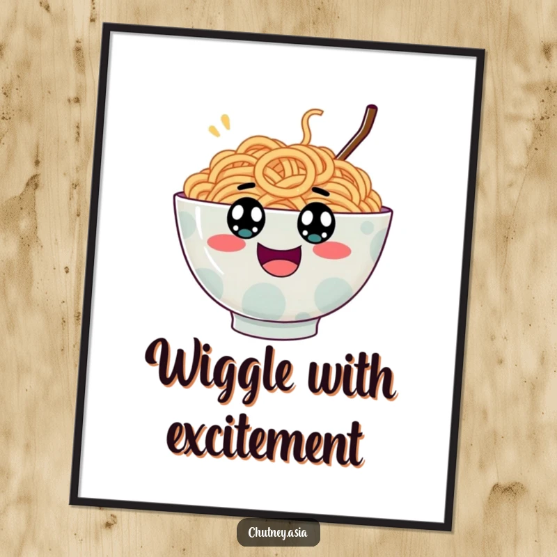 Funny ramen bowl poster, wobbly with googly eyes, bouncing with pure excitement, creating a lively and humorous wall display.