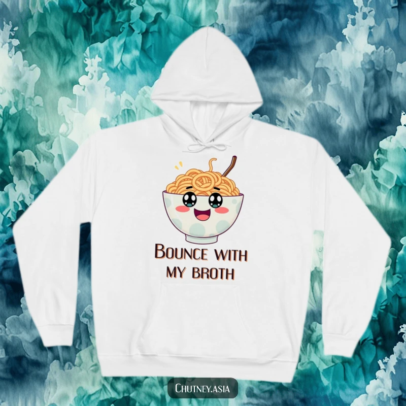 Funny ramen bowl hoodie, wobbly with googly eyes, bouncing excitedly, offering warmth and humorous delight.