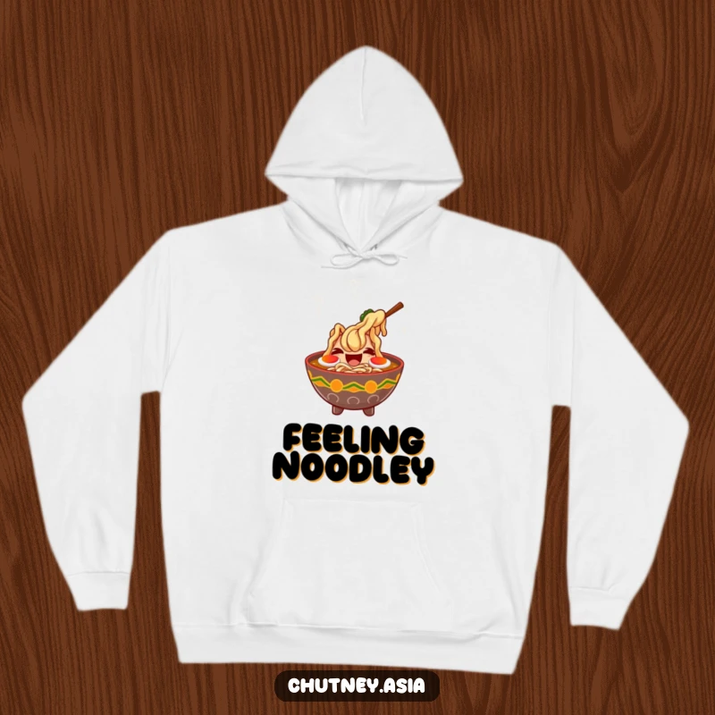 Funny ramen laugh hoodie featuring a giggling bowl of ramen with dancing steam, offering warmth and humorous style.
