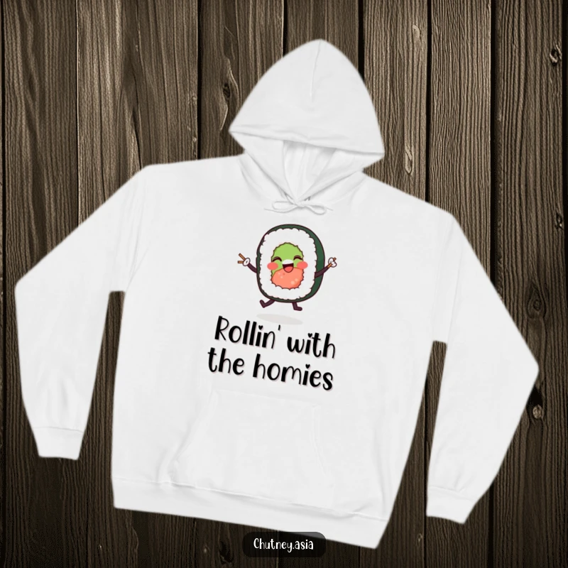 Funny sushi roll dancing hoodie depicting a happy character in mid-dance with tiny chopsticks, a warm and amusing apparel choice.