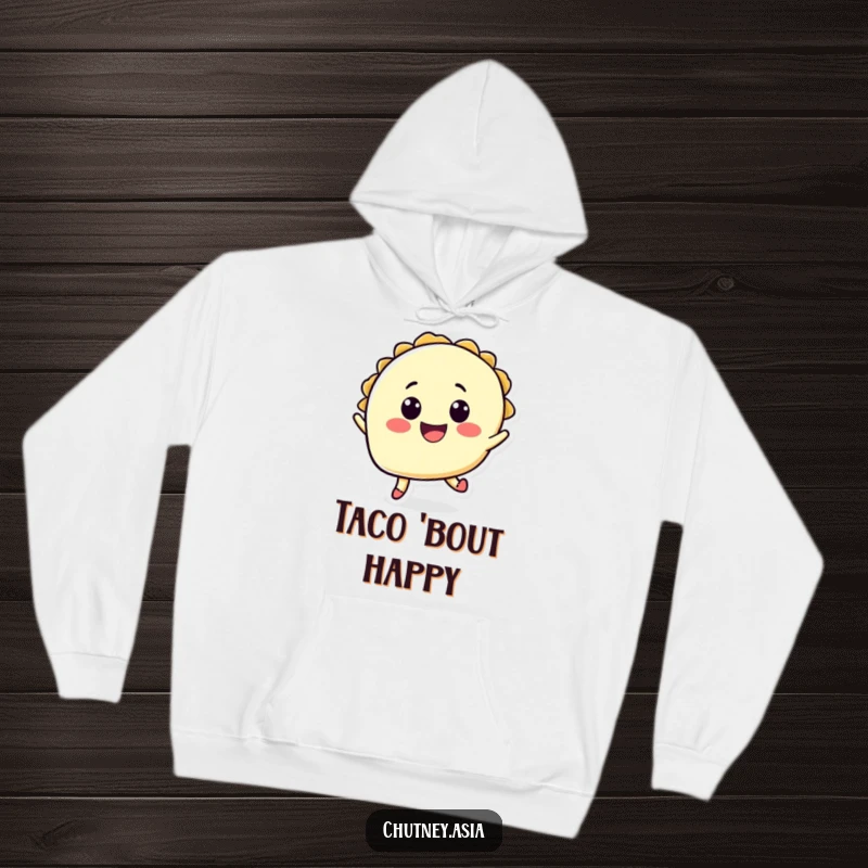 Funny taco jump hoodie featuring a happy taco character in a joyful leap, offering warmth and humorous style.