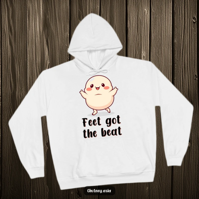 Funny dumpling hoodie, dancing with exaggerated, wiggly feet, offering cozy warmth and humorous appeal.