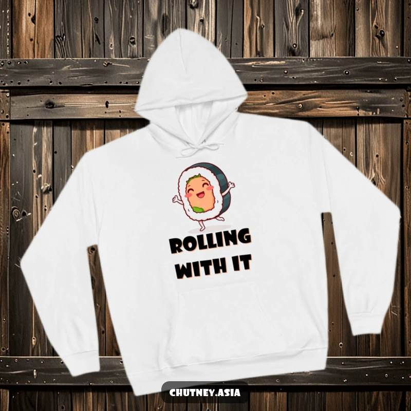 Funny sushi roll hoodie showcasing a smiling, anthropomorphic sushi roll in a playful jig, offering warmth and humor.