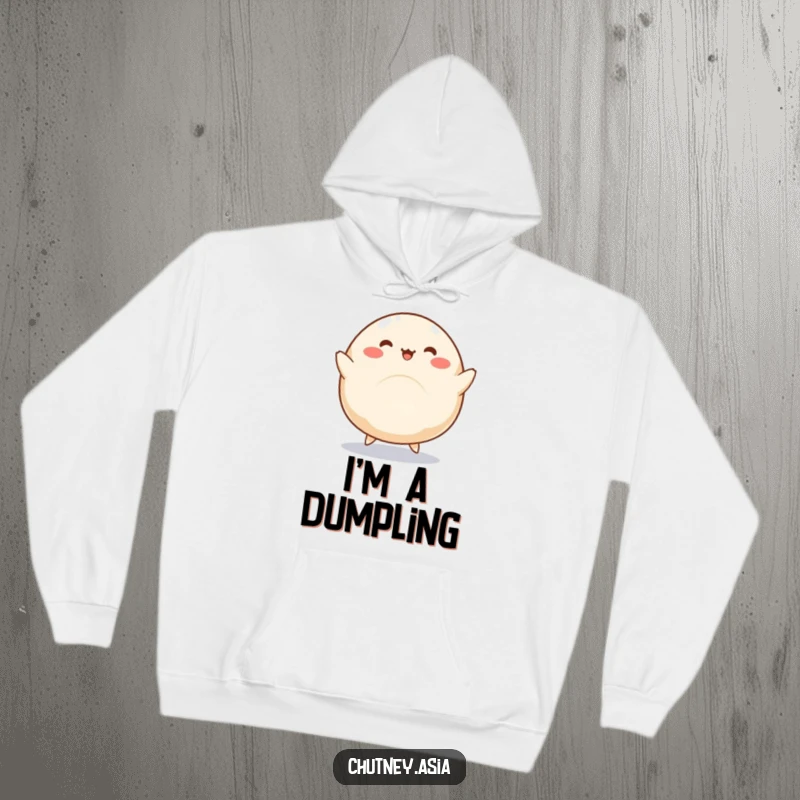 Funny dumpling hoodie showcasing a round, kawaii dumpling with little legs performing a silly dance, offering warmth and charm.