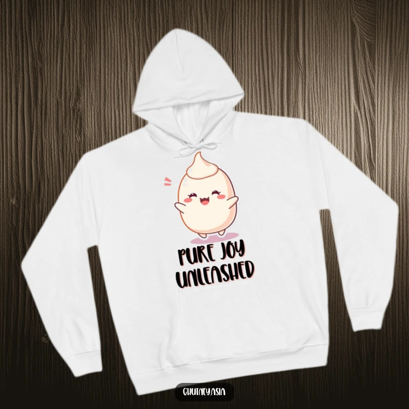 Funny Mochi Hoodie with a cheerful, blushing mochi character bouncing with delight, offering warmth and a dose of happiness, a great funny gift.