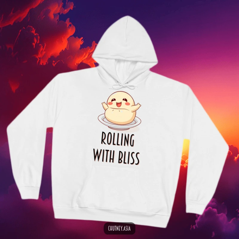 Funny dumpling roll hoodie featuring a delighted dumpling character playfully rolling, offering warmth and humorous style.