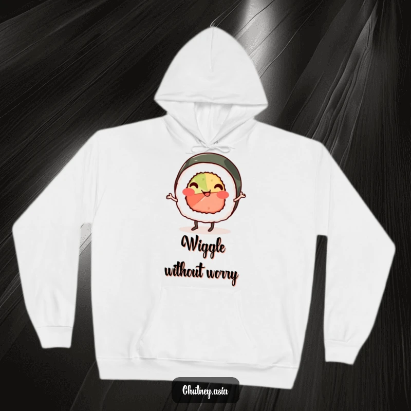 Funny sushi roll hoodie, smiling with tiny legs, performing a cheerful jig, cozy and warm for fans of funny designs.