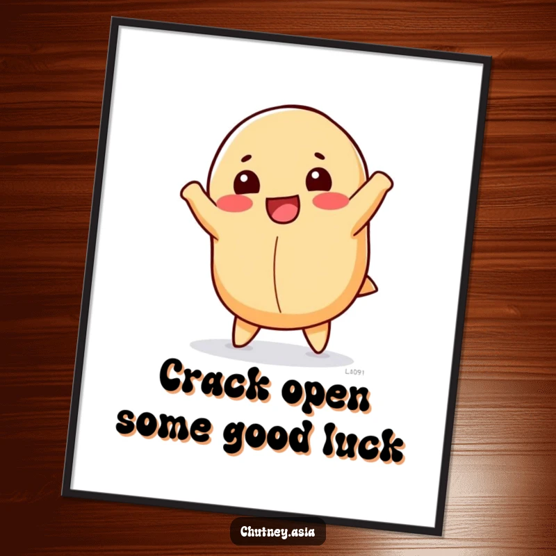 Funny Free Printable Wall Art: Happy fortune cookie doing a cartwheel, perfect for humorous, downloadable kitchen or playful room decor.