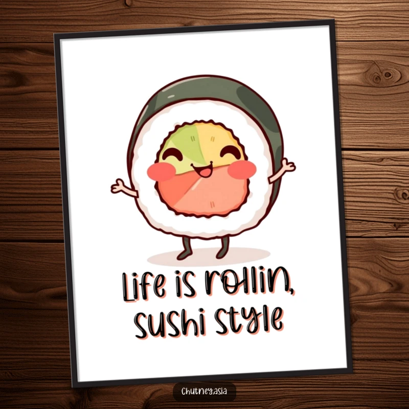 Funny Free Printable Wall Art: A smiling sushi roll with tiny legs doing a cheerful jig, bringing joy to any room.