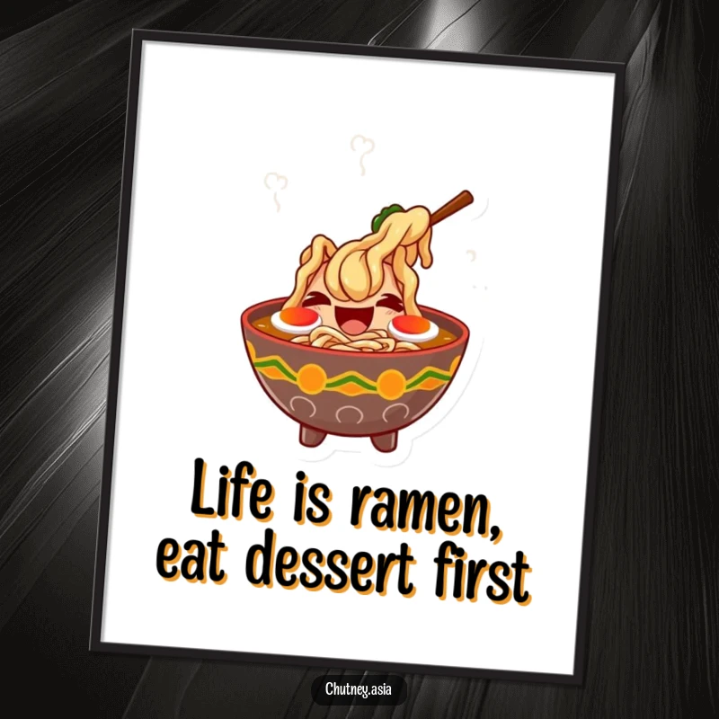 Funny free printable wall art: a giggling ramen bowl with dancing steam creates a cozy and cheerful atmosphere.