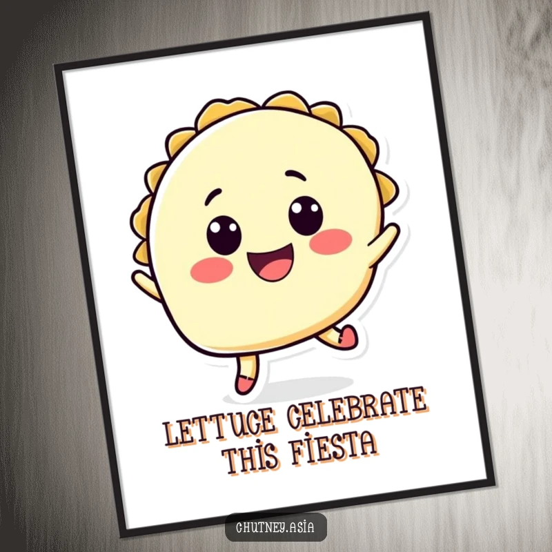 Funny free printable wall art: a cheerful taco character performs an energetic jump, radiating pure fun and happiness.