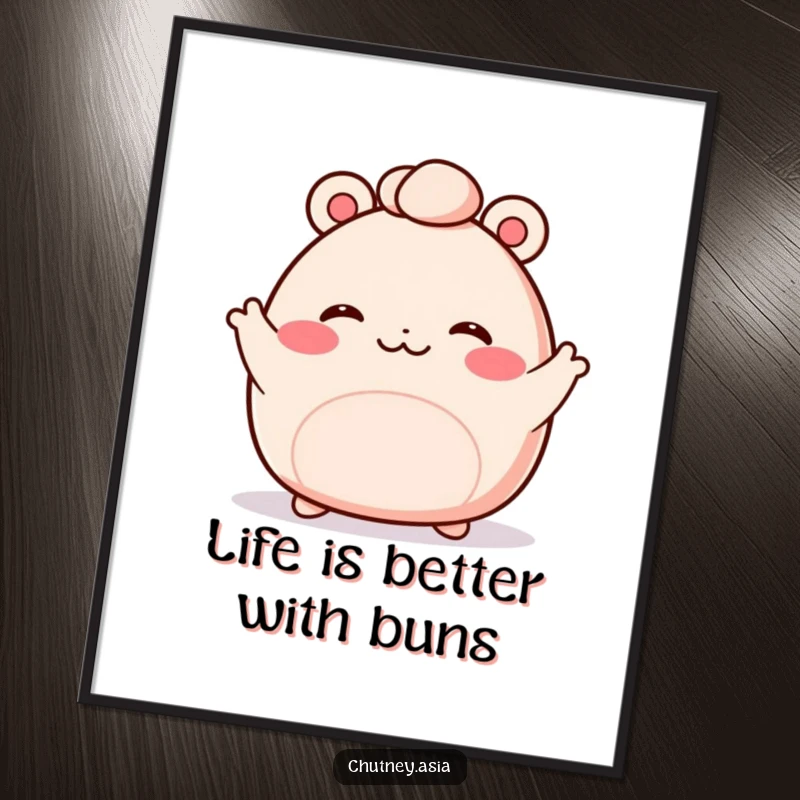 Funny Free Printable Wall Art: Blushing kawaii bao bun waving enthusiastically, perfect for humorous, downloadable kitchen or cafe decor.