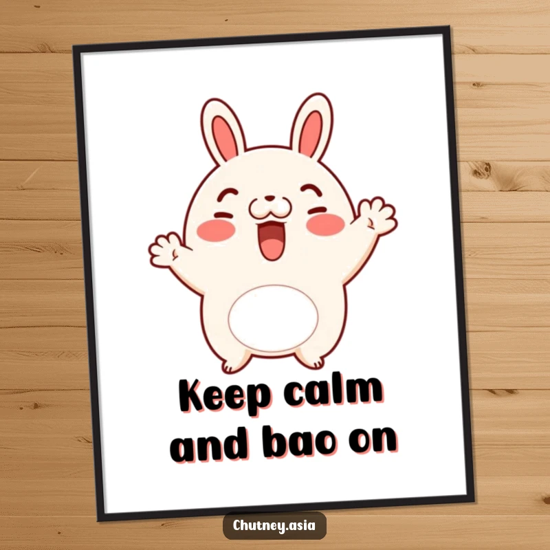 Funny free printable wall art: a cheerful bao bun with rosy cheeks waves kindly, creating a warm and inviting ambiance.