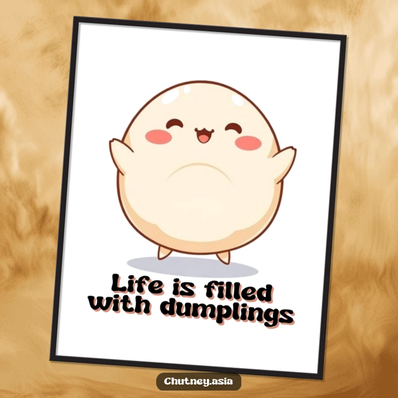 Funny Free Printable Wall Art: Kawaii dumpling with legs doing a silly dance, perfect for a humorous, downloadable kitchen or dining area.