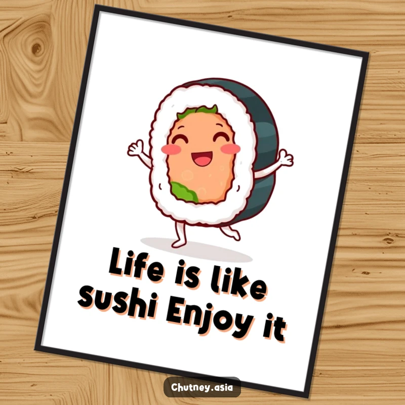 Funny Free Printable Wall Art: Smiling sushi roll performing a playful jig, ideal for a humorous, downloadable kitchen or cafe decoration.