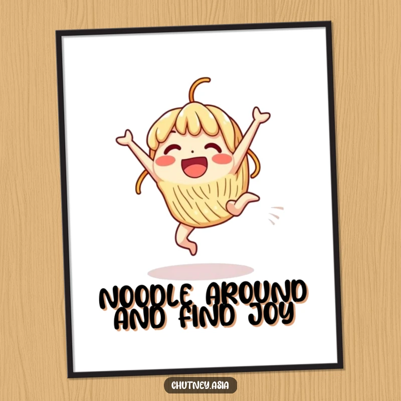 Funny Free Printable Wall Art: An excited, beaming noodle character executes a fun cartwheel with radiating joy.