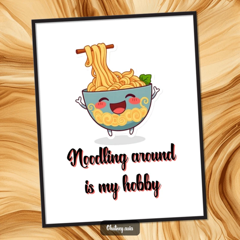 Funny Free Printable Wall Art: Cheerful ramen bowl wiggling excitedly, perfect for humorous, downloadable kitchen or dining area decor.