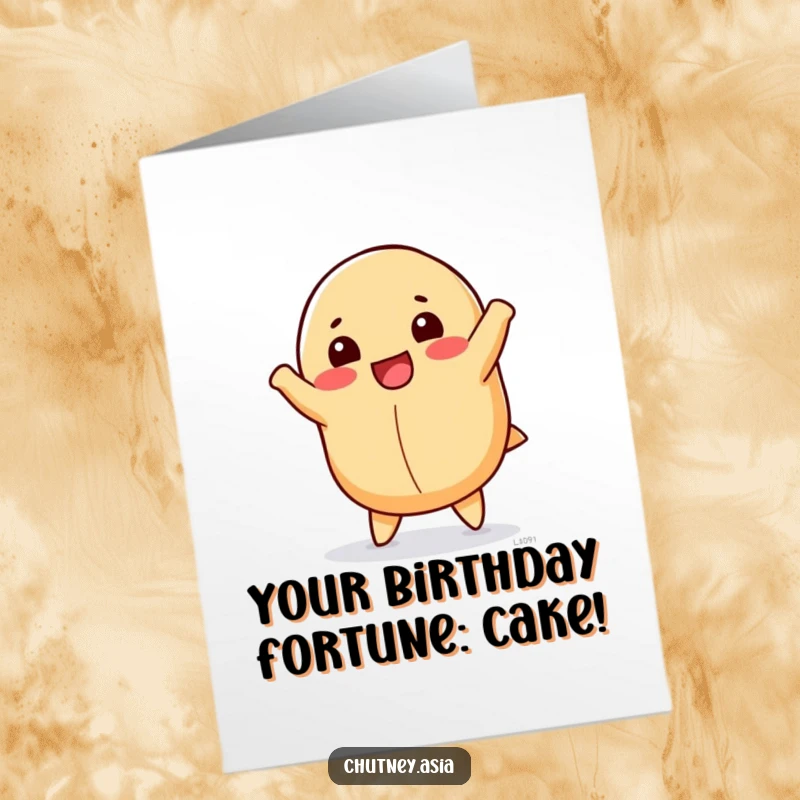 Funny Free Printable Birthday Card: Happy fortune cookie doing a cartwheel, full of joy and luck, downloadable for birthdays.