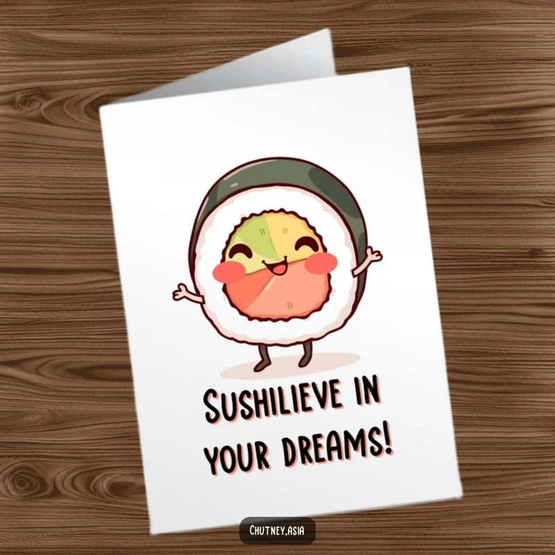 Funny Free Printable Birthday Card: Smiling sushi roll with legs doing a cheerful jig, perfect for a foodie.