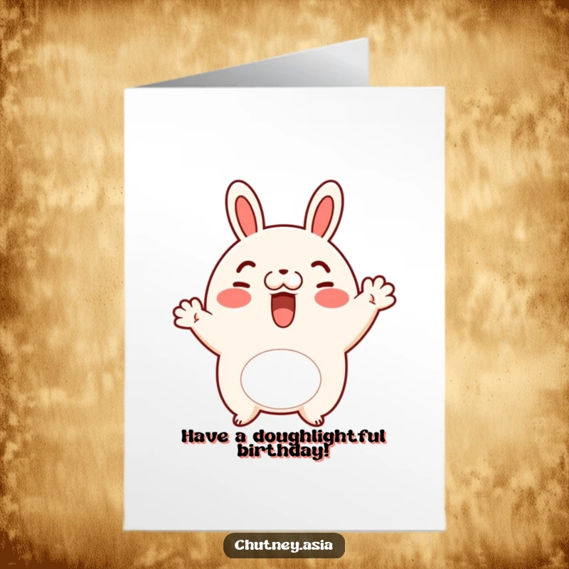 Funny free printable birthday card: a cheerful bao bun with rosy cheeks waves hello, sharing sweet birthday joy.