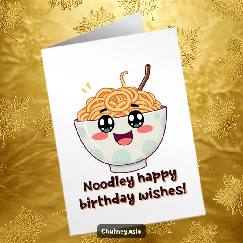 Funny Free Printable Birthday Card: A wobbly ramen bowl with googly eyes bouncing excitedly, celebrating a special day.