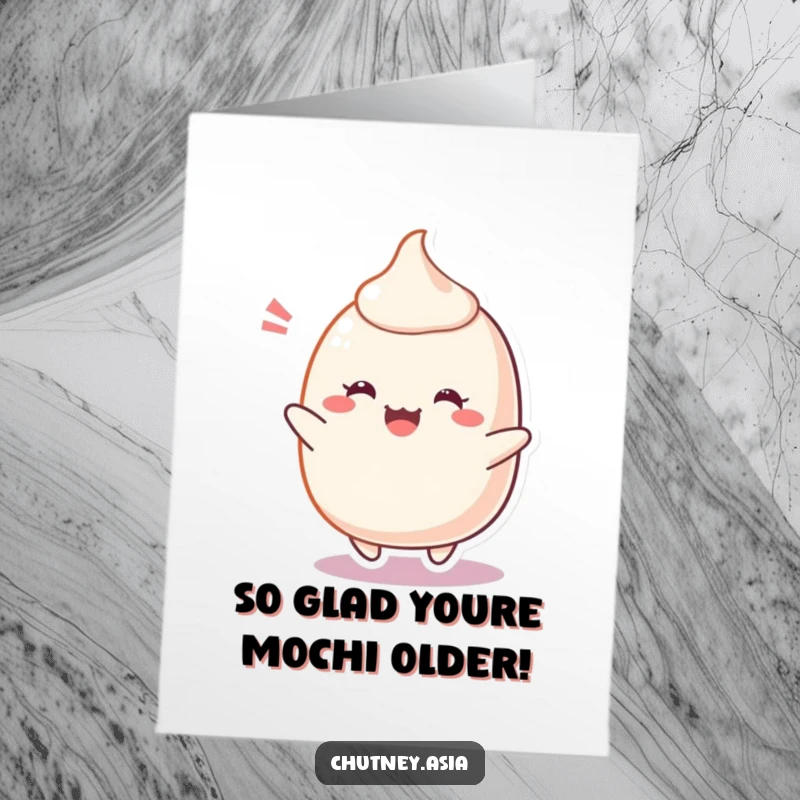 Funny Free Printable Birthday Card featuring a cheerful, blushing Mochi character bouncing with pure delight.