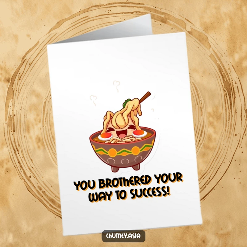 Free printable congratulations card: a giggling ramen bowl with dancing steam expresses joy for their success.