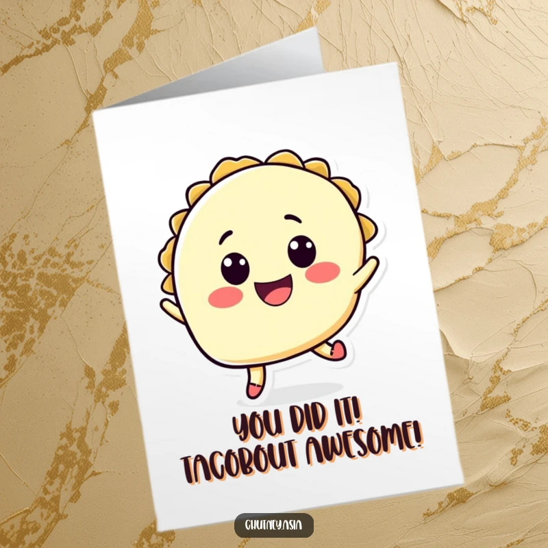 Free printable congratulations card: a happy taco character performs an excited jump, celebrating amazing achievements.