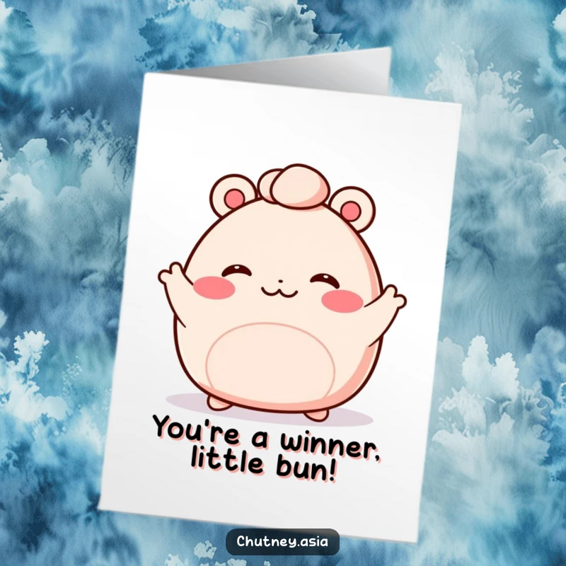Funny Free Printable Congrats Card: Kawaii bao bun with tiny arms waving enthusiastically, conveying joy and humor, downloadable.