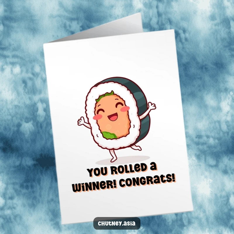 Funny Free Printable Congrats Card: Anthropomorphic sushi roll doing a playful jig, celebrating success with a humorous, downloadable design.