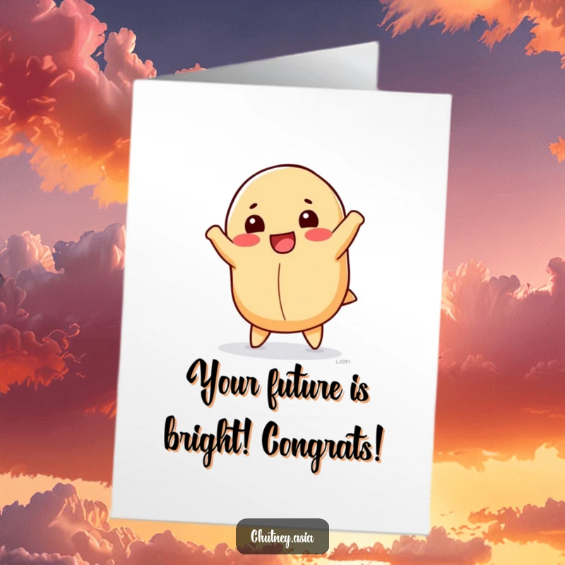 Funny Free Printable Congrats Card: Anthropomorphic fortune cookie doing a cartwheel, bringing luck and humor, downloadable for celebrations.