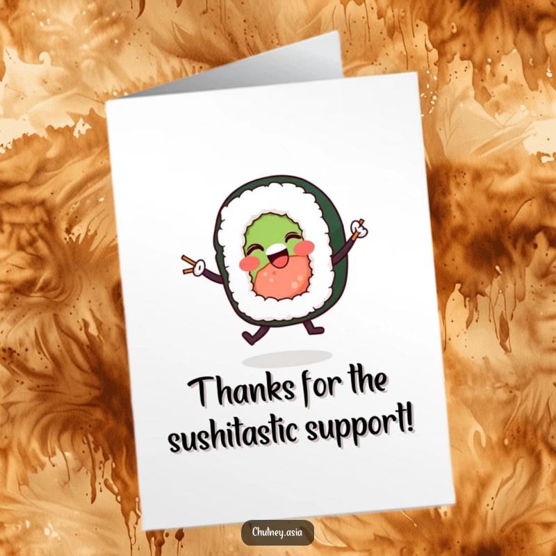 Funny free printable thank you card: a happy sushi roll dances energetically, sending thanks with a playful spirit.