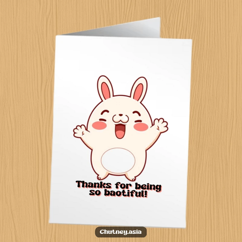 Funny free printable thank you card: a cheerful bao bun waves its rosy-cheeked hand, offering sincere thanks.