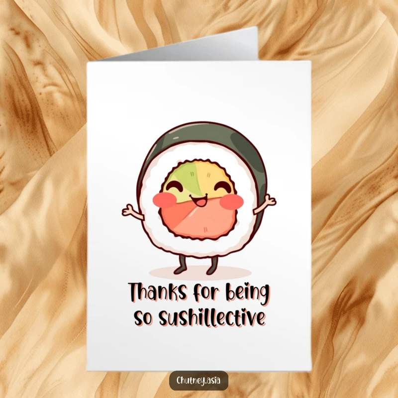 Funny Free Printable Thank You Card: A smiling sushi roll with legs doing a cheerful jig, expressing gratitude.