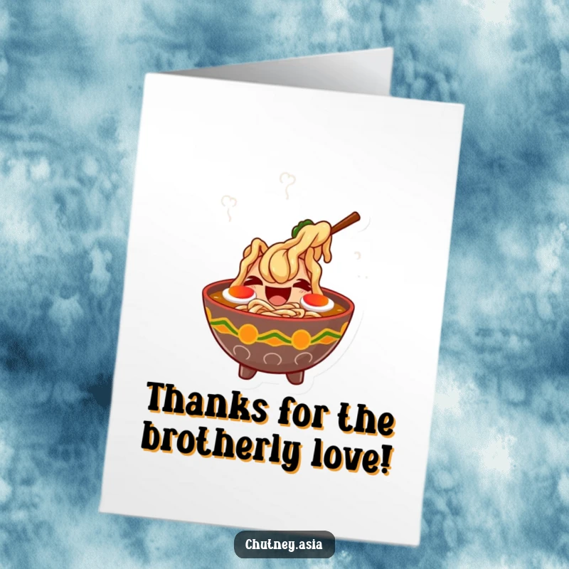 Funny free printable thank you card: a giggling ramen bowl with dancing steam offers heartfelt thanks warmly.