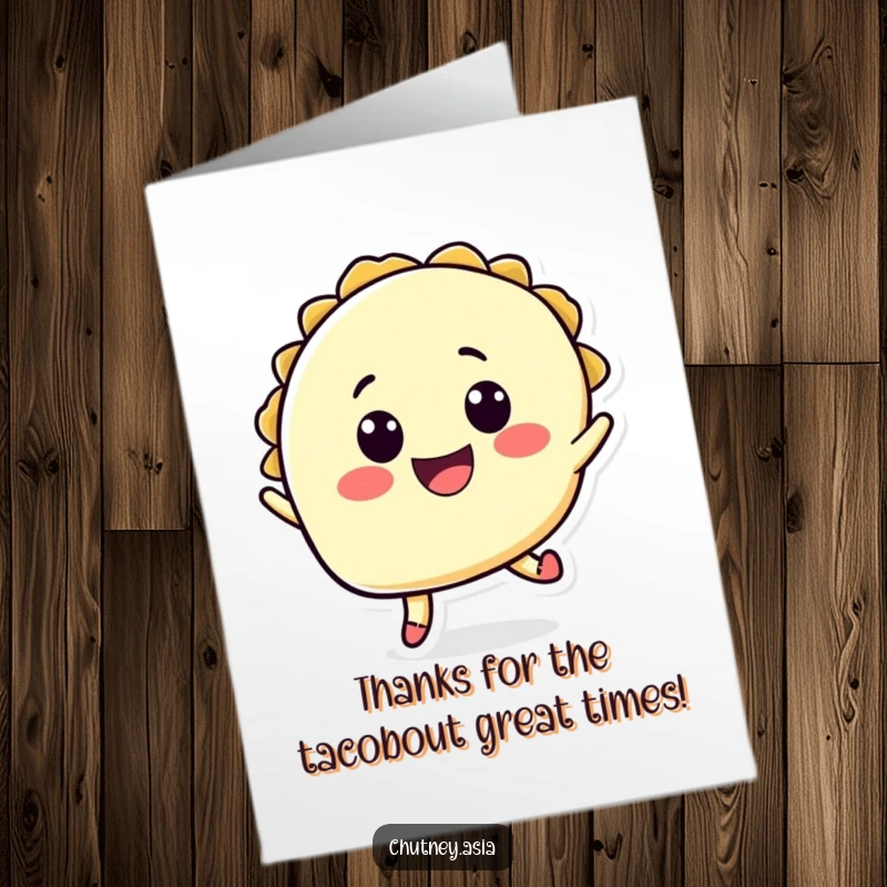 Funny free printable thank you card: a happy taco character leaps with joy, conveying heartfelt thanks playfully.