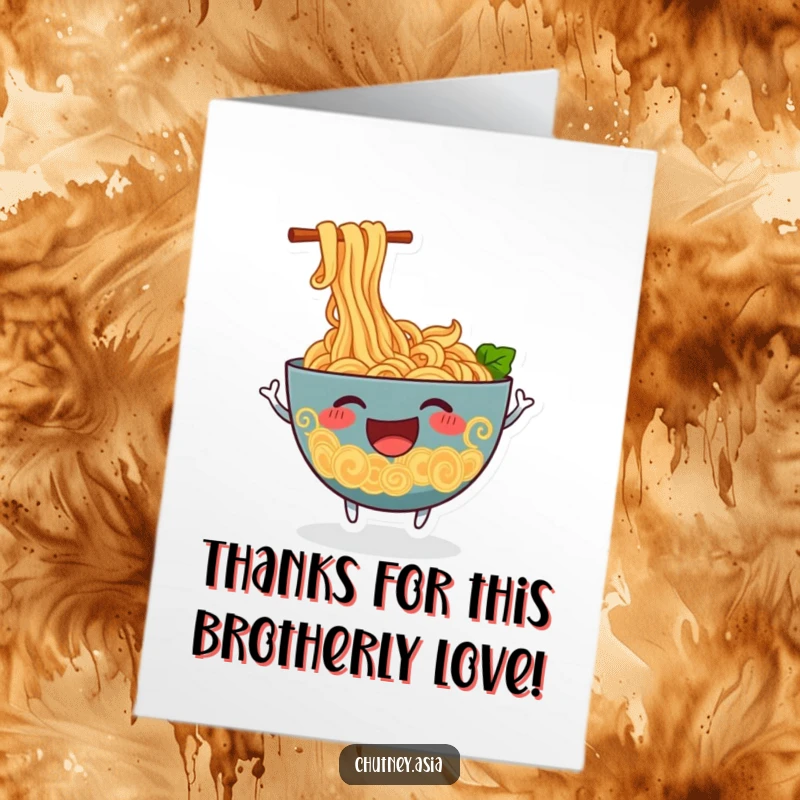 Funny Free Printable Thank You Card: Cheerful ramen bowl wiggling excitedly, conveying thanks with a humorous, downloadable design.