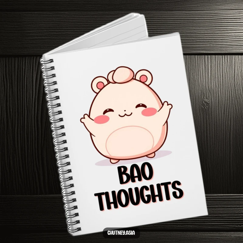 Funny bao bun notebook with a blushing, kawaii bao bun and tiny arms waving enthusiastically, ideal for note-taking.