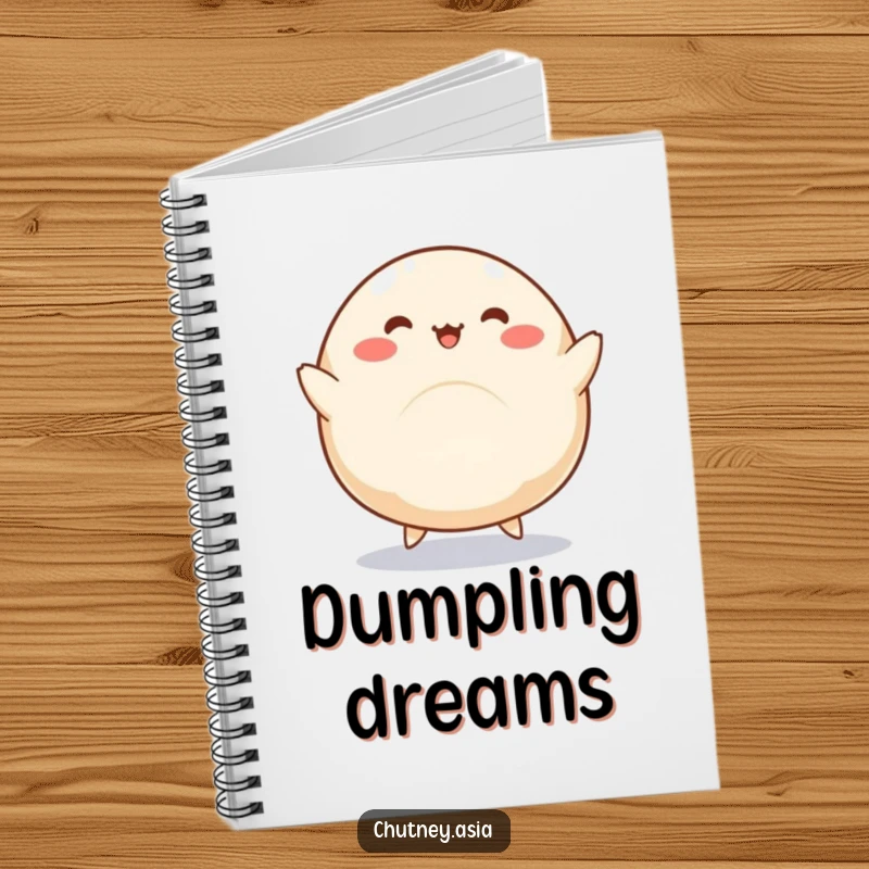 Funny dumpling notebook with a round, kawaii dumpling and little legs doing a silly dance, ideal for note-taking.