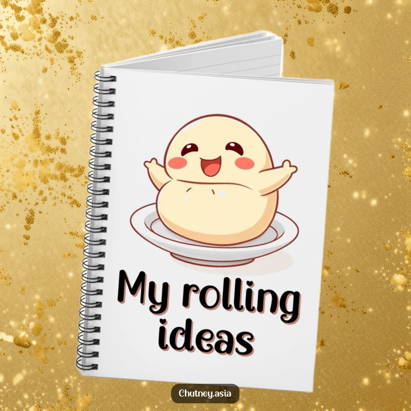 Funny dumpling roll notebook featuring a delighted dumpling character playfully rolling, perfect for notes and creative thinking.