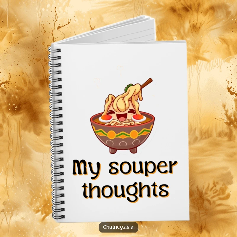 Funny ramen laugh notebook featuring a giggling bowl of ramen with dancing steam, perfect for notes and creative thoughts.